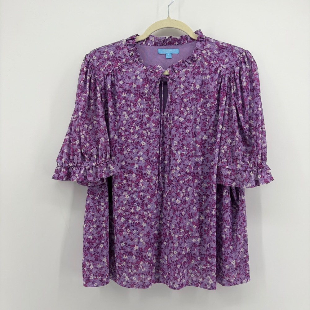 Draper James Womens Large Purple Floral Mesh Blouse Ruffle Keyhole Tie Top